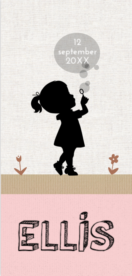 Trendy silhouet geboortekaartje met lief meisje en bellenblaas op structuren achtergrond