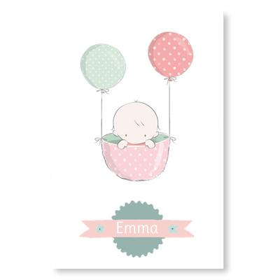 Schattig geboortekaartje met baby in mandje aan ballonnen bij jillejille.nl