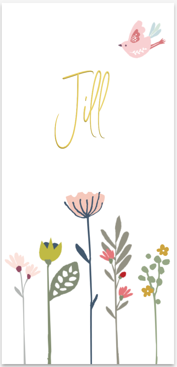 Hip staand geboortekaartje met grafische bloemen en goudfolie