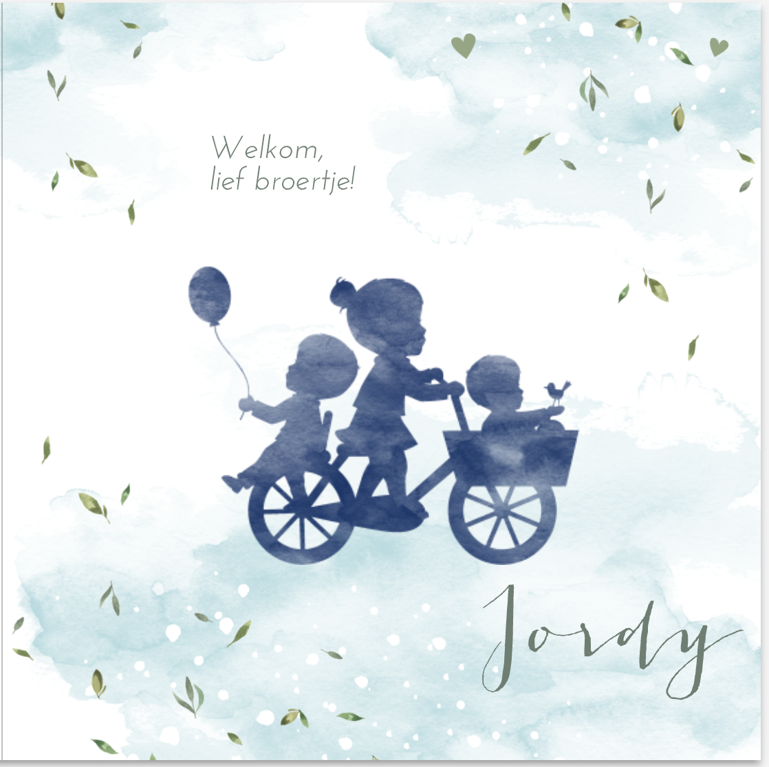 Lief geboortekaartje met silhouet van grote zus met broertje op de fiets, waterverf en blaadjes