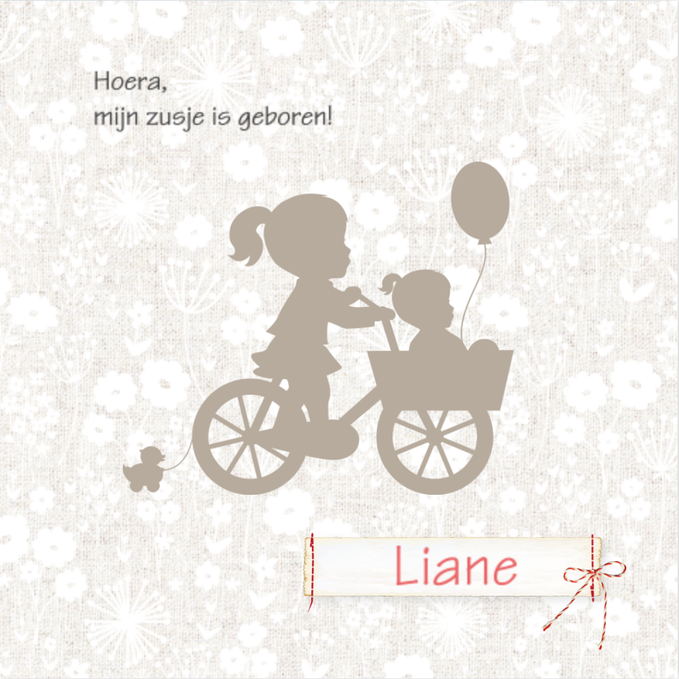 Lief silhouet geboortekaartje met twee zusjes op de fiets en bloemen dessin zelf maken.