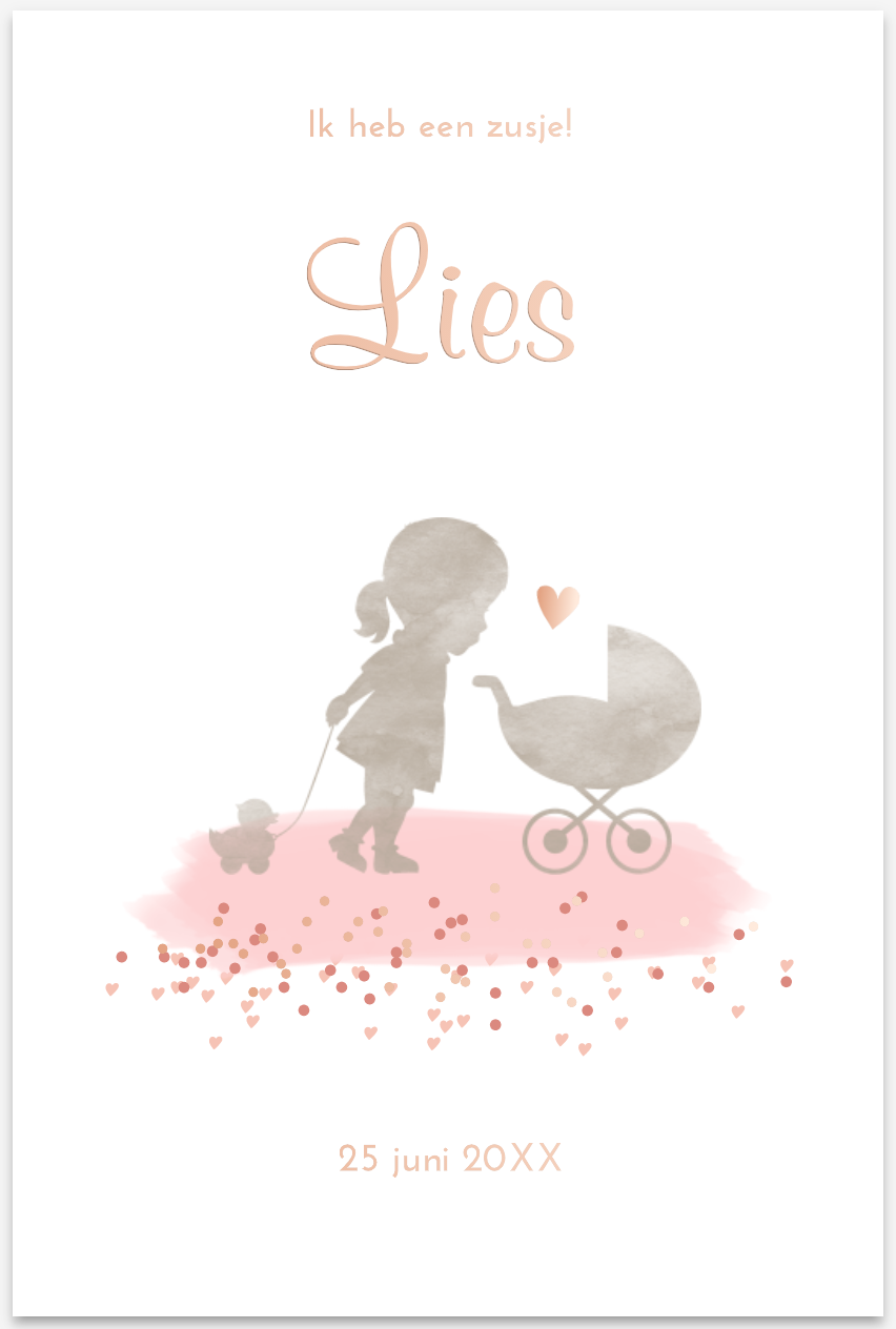 Geboortekaart met foliedruk hartjes en silhouette voor meisje of zusje en broertje
