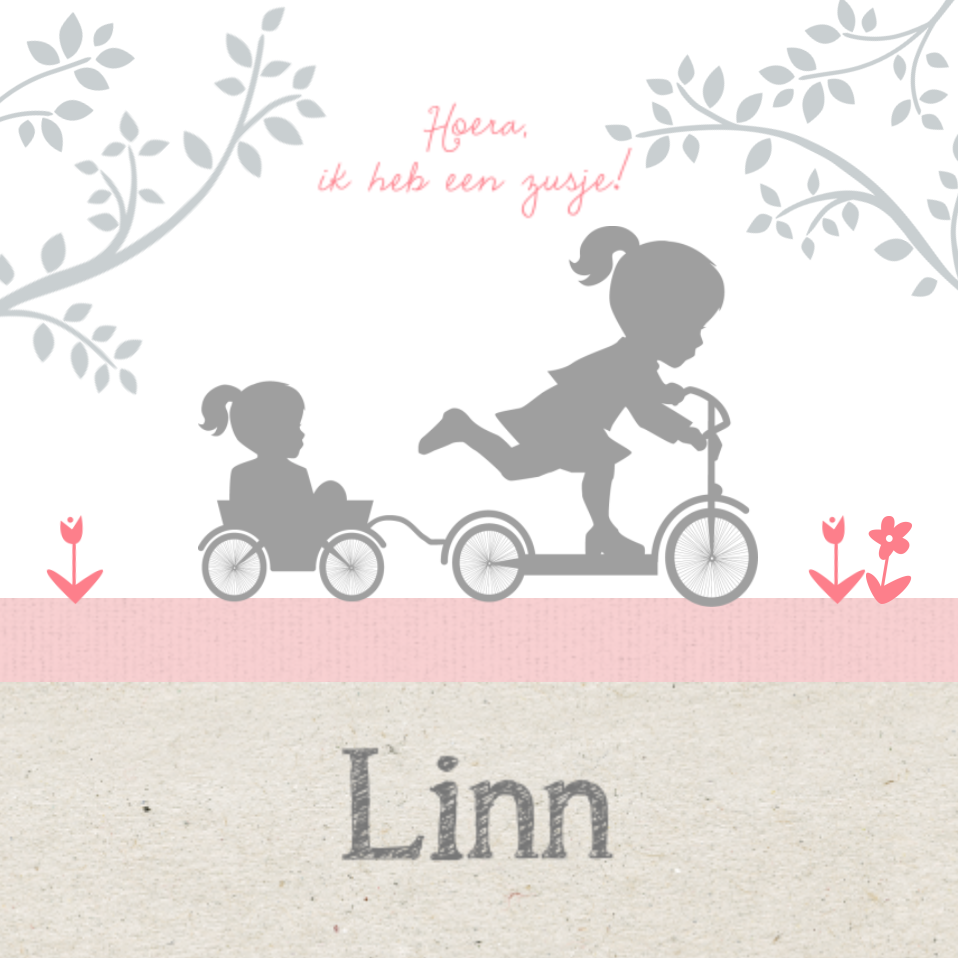 Lief geboortekaartje voor meisje met kraft en silhouet van zusjes op een step, ook beschikbaar voor een broertjes