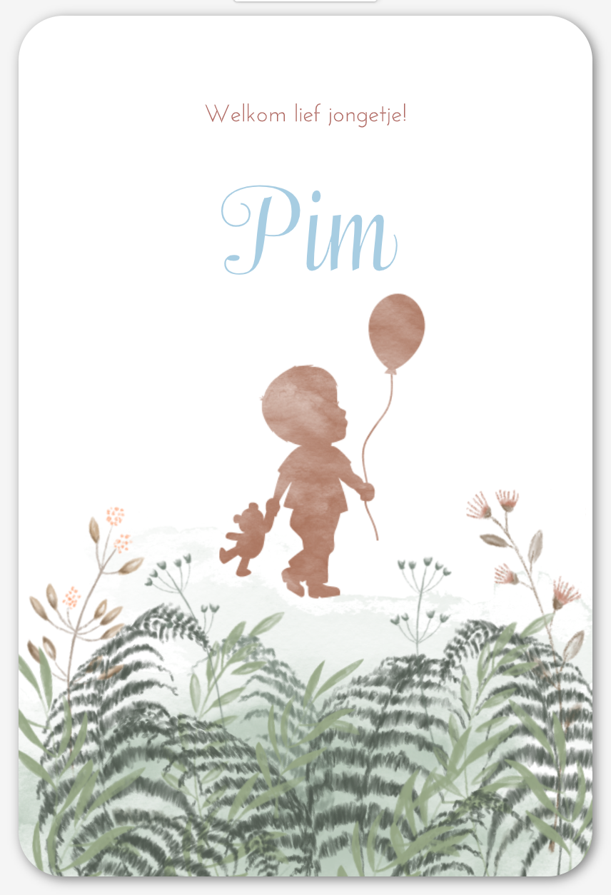 staand geboortekaartje voor jongetje silhouet waterverf en planten en takjes en ronde hoeken