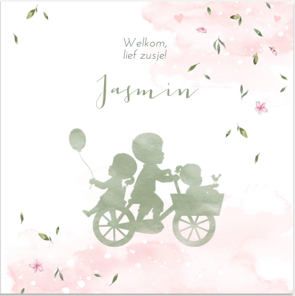 Lief geboortekaartje met silhouet van meisje en blaadjes JilleJille.nl